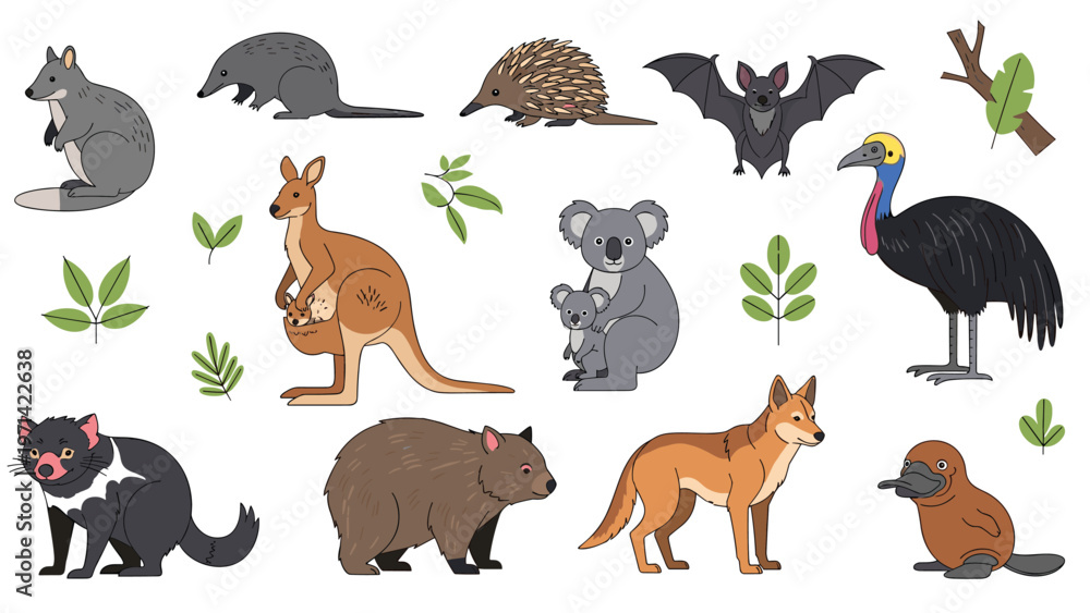 Obraz premium Illustration set of unique Australian animals including a kangaroo, koala, wombat, platypus, dingo, and cassowary in a natural theme.