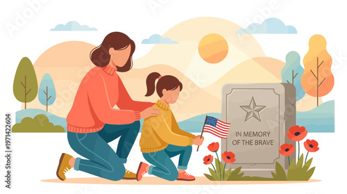 Mother and Daughter Honoring a Fallen Soldier at a Cemetery