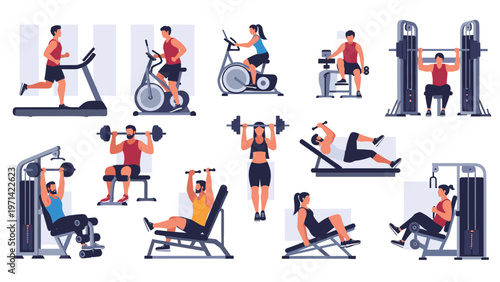 Diverse people performing various exercises and using gym equipment such as treadmills, weights, and stationary bikes for a healthy lifestyle.