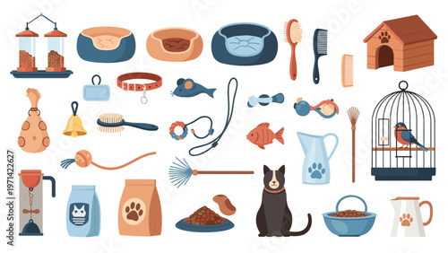 Comprehensive set of pet care products and accessories including food, toys, beds, grooming tools, and a bird cage.