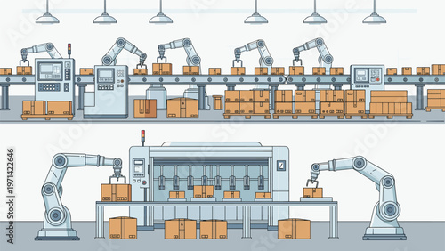 Industrial automated factory production line with robotic arms assembling and packaging boxes in a modern warehouse environment.