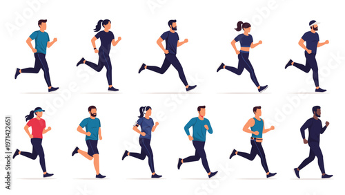 Group of diverse men and women in athletic wear jogging and running in various poses representing a healthy and active lifestyle.