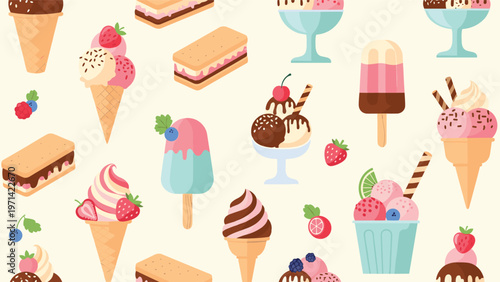 Seamless pattern background featuring various ice cream cones, popsicles, sandwiches, and bowls decorated with berries and chocolate.