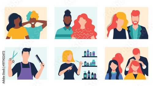Diverse people getting their hair cut, styled, and dyed by professional barbers and stylists in a modern hair salon environment.