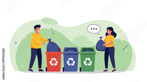 Man and woman sorting household waste into colorful recycling bins for environmental sustainability and eco-friendly waste management.