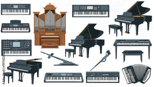 Extensive set of keyboard musical instruments featuring grand pianos, electric keyboards, an organ, and an accordion on a white background.