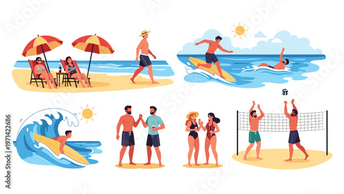 Collection of people participating in summer beach activities such as surfing, playing volleyball, sunbathing, and relaxing by the ocean.