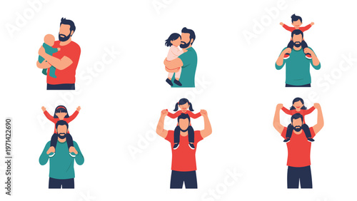 Heartwarming set of fathers in red and green shirts playing and bonding with their young children in various loving poses and gestures.