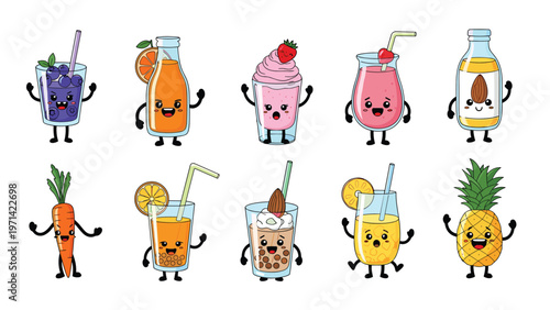 Set of adorable cartoon characters representing various healthy drinks like fruit juices, smoothies, almond milk, and bubble tea.