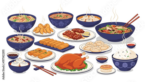 Comprehensive display of traditional Chinese cuisine including noodles, dumplings, spring rolls, and roasted chicken on a white background.