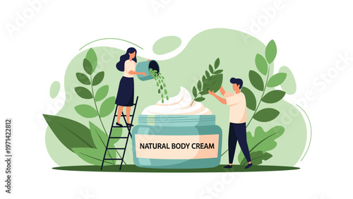 Miniature team preparing natural body cream by adding green leaves and botanical extracts into a large jar against a white background.
