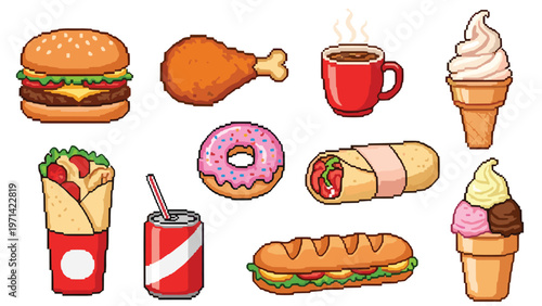 Array of pixel art fast food items featuring a hamburger, fried chicken, donut, coffee, soda, burrito, and ice cream cones.