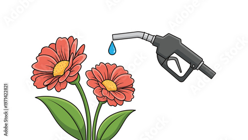 Conceptual illustration showing a fuel pump nozzle dispensing a single drop of water onto a pair of blooming red daisy flowers.