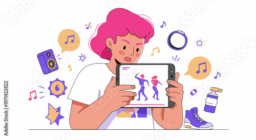 Young person with pink hair watching a dance tutorial on a tablet surrounded by music and fitness icons.