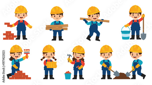 Collection of cheerful young construction workers in safety gear performing tasks like bricklaying, carpentry, and digging with shovels.