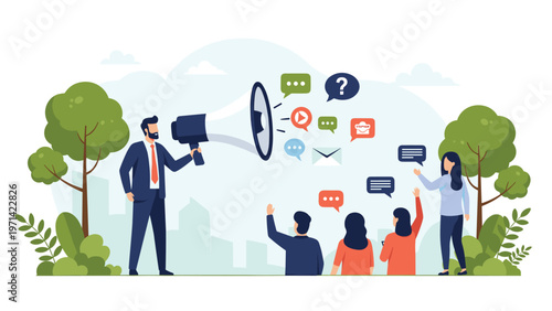 Professional man using a megaphone to broadcast various digital icons like mail and messages to a small group of attentive people outdoors.