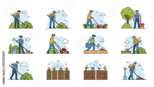 Set of illustrations featuring people engaged in diverse gardening activities such as raking leaves, mowing lawns, and planting seedlings.