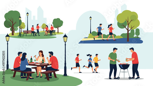 Multi-scene illustration depicting diverse people relaxing in a park through activities like picnicking, jogging, and having a barbecue.
