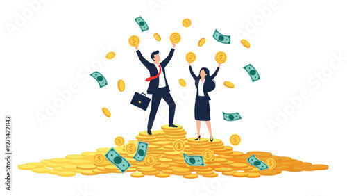 Joyful businessman and businesswoman celebrating their financial success while standing on top of a large mound of gold coins and money.