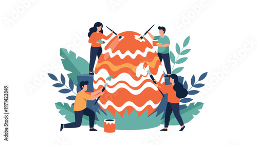 Team of people using paintbrushes and colorful paints to decorate a massive, patterned Easter egg surrounded by large green leaves.