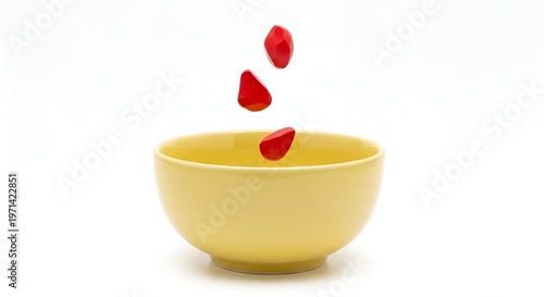 tomatoes falling into yellow bowl isolated on white background