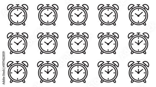 Classic Twin Bell Alarm Clock Line Icon Set