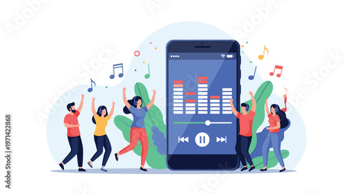 Group of happy young people dancing and listening to music through headphones around a giant smartphone displaying a music player app.