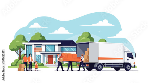 Team of professional movers loading furniture into a truck while a family with a young child watches them move into their new home.