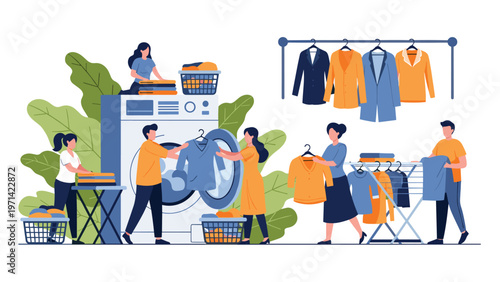 Multiple people performing various laundry tasks like washing, drying, folding, and hanging clothes around a large washing machine.