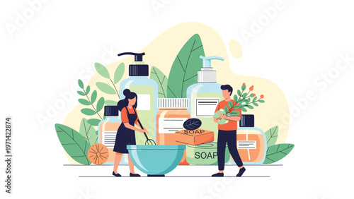 Man and woman preparing handmade organic cosmetics and soap using natural ingredients like herbs, flowers, and essential oils.