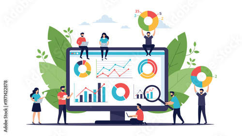 Small group of people using magnifying glasses and laptops to analyze various data charts and graphs displayed on a giant computer monitor.