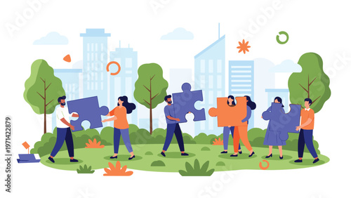 Diverse group of people working together in a city park to connect large, colorful jigsaw puzzle pieces, symbolizing teamwork and unity.
