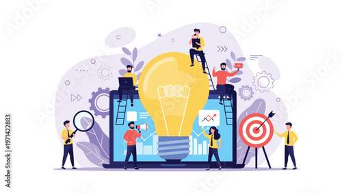 Group of innovative people working together on a laptop and ladders around a huge glowing light bulb to generate new business ideas.