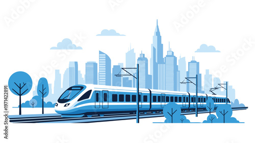 Sleek and modern high-speed electric train moving along tracks with a large metropolitan city skyline in the background.