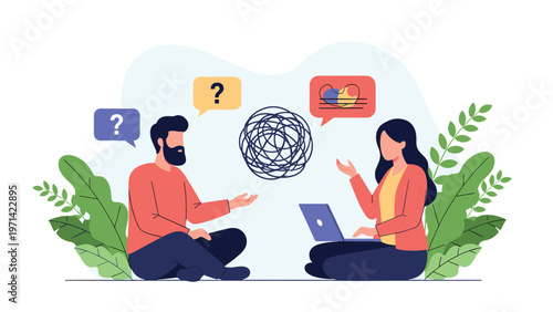 Man and woman sitting cross-legged facing each other, discussing a complex issue represented by a tangled ball of lines and question marks.
