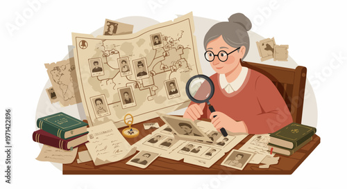 Elderly woman researching family history and genealogy with a magnifying glass, looking at old photos and a detailed ancestry tree chart on her desk.
