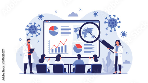 Medical researchers analyzing global pandemic data on large monitor with magnifying glass for virus statistics and health monitoring.