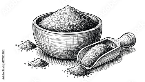 Detailed hand drawn sketch of wooden bowl and scoop filled with sugar or salt for cooking and food preparation ingredients.