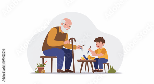 Vector illustration of a grandfather and grandson bonding over a creative hobby or craft project together at home.