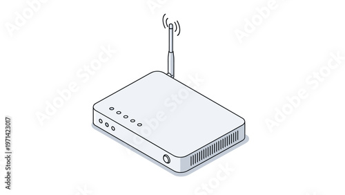 Isometric illustration of modern wireless router with signal antenna for high speed internet connection and home networking setup.