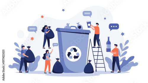 Group of eco-friendly people sorting waste and placing trash into large recycling bin for environmental protection and sustainability.