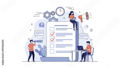 Team of office workers completing tasks on large checklist document for project management and business organizational efficiency.