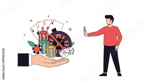 Responsible man making stop gesture to hand offering gambling items including cards and chips for addiction prevention concept.