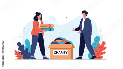 Generous man and woman donating clothes into charity box for community support and helping people in need volunteer activities.