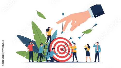 Motivated team aiming arrows at large target board for business goal achievement and strategic success with giant hand support.