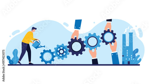 Visionary businessman watering mechanical gears while giant hands help assemble machinery for industrial growth and maintenance.