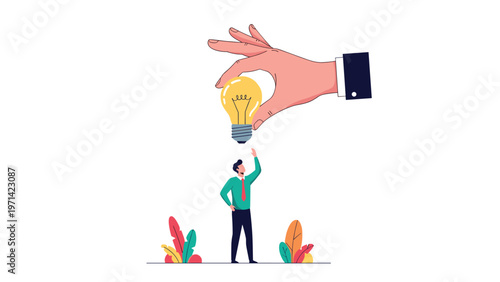 Professional mentor giving bright lightbulb idea to businessman with giant hand for inspiration and creative problem solving.