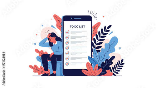 Overwhelmed woman feeling stressed while looking at long to-do list on giant smartphone for time management and burnout concept.