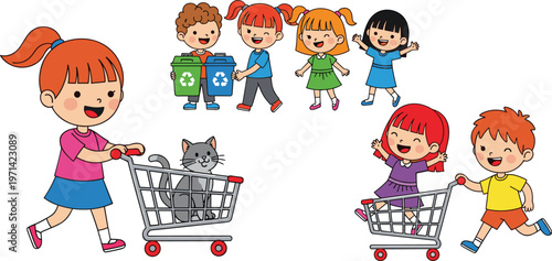 Children with Shopping Carts, Recycling Bins, and Playing in Fun Activity with Cat Flat Vector Illustration Set
