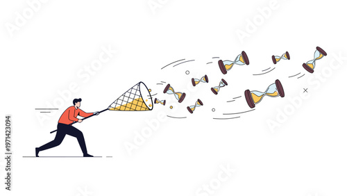 Determined man running with net to catch flying hourglasses for time management and deadline pressure in business environment.